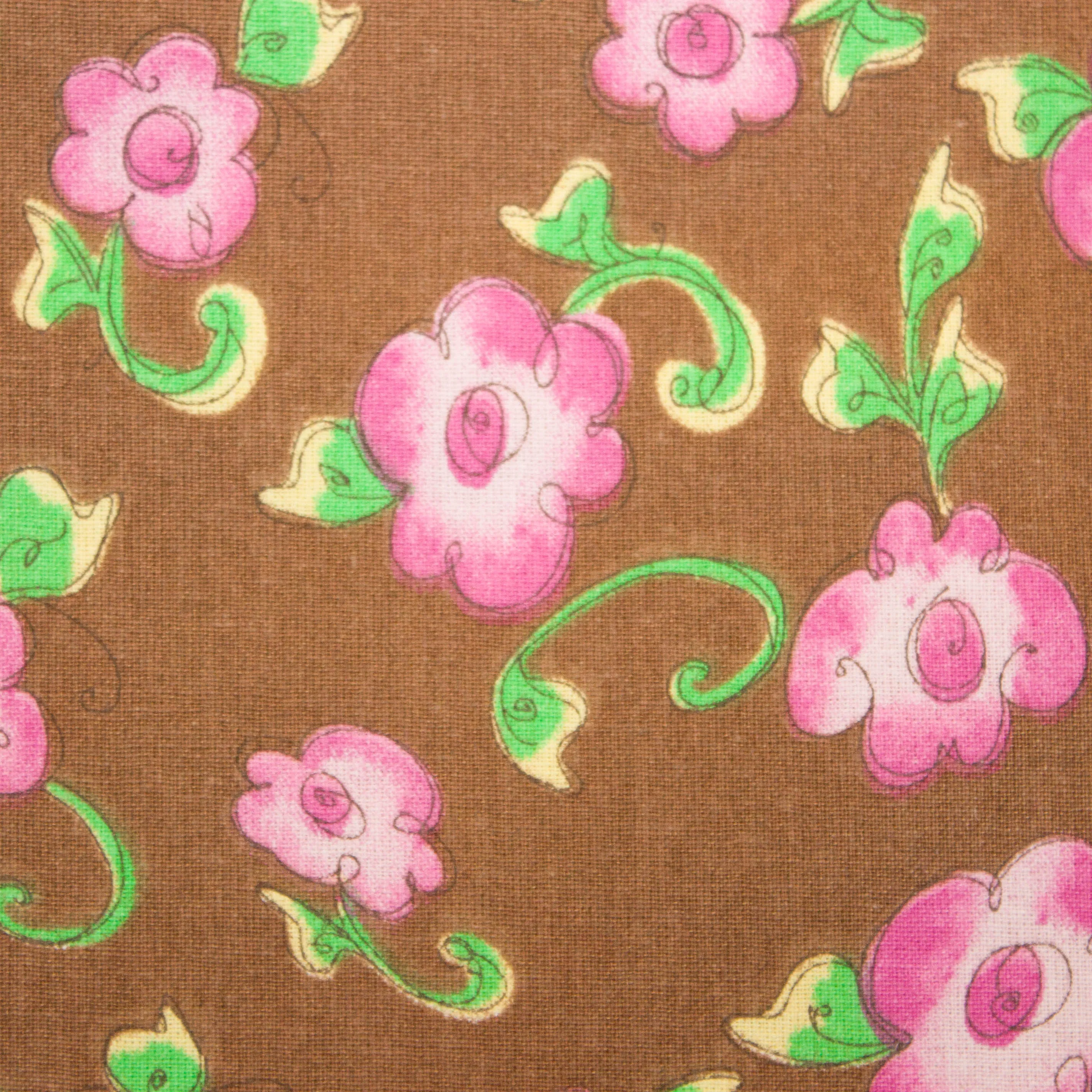 Katoen bruin met roze bloemen